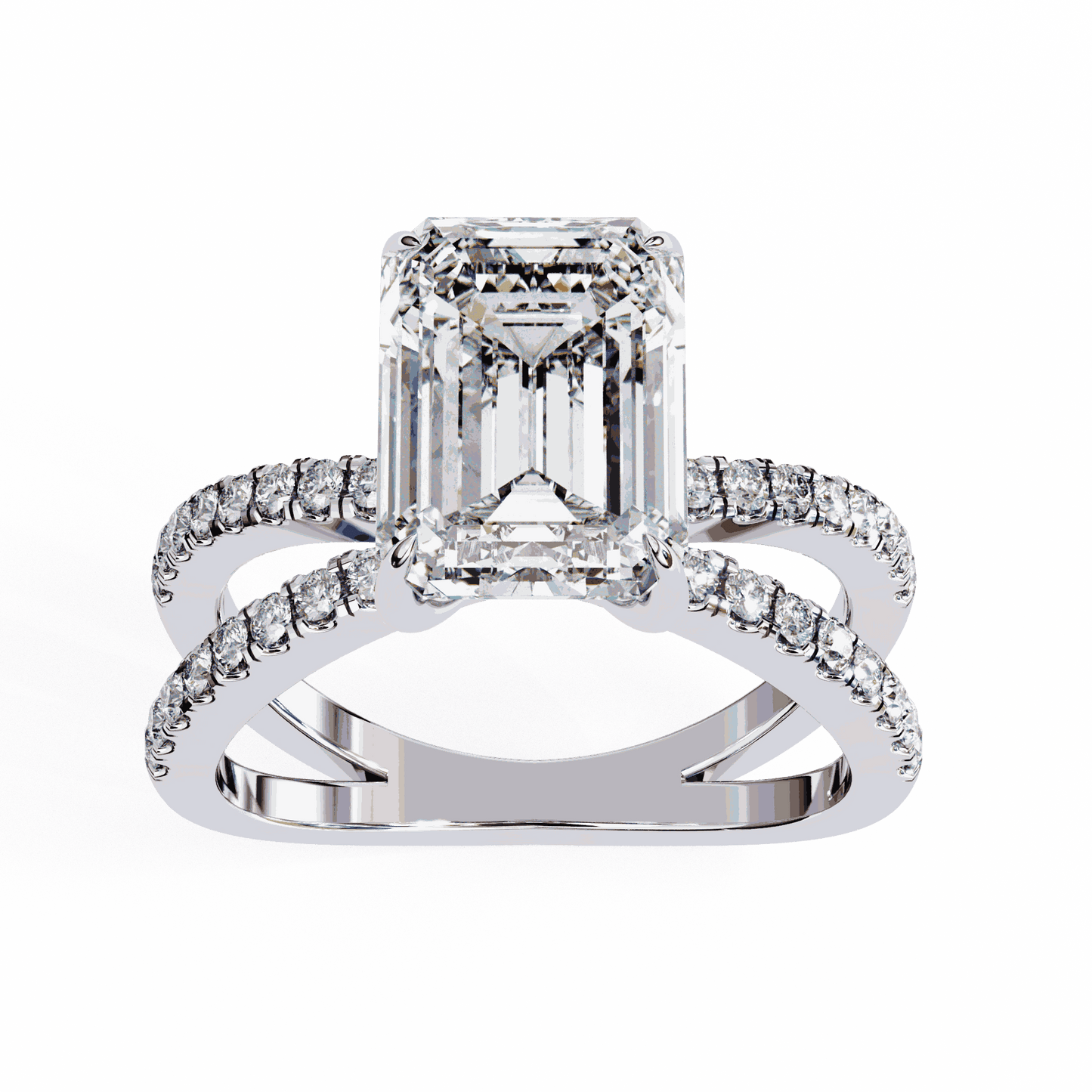 Emerald Cut Lab Grown Diamond Side Stone Engagement Ring with Pavé Crossover Shank