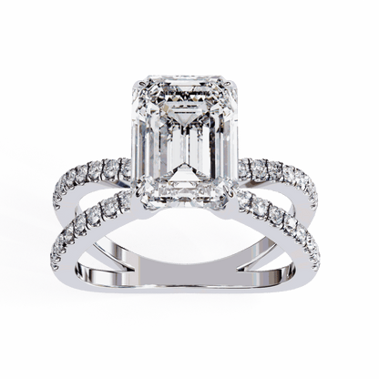 Emerald Cut Lab Grown Diamond Side Stone Engagement Ring with Pavé Crossover Shank