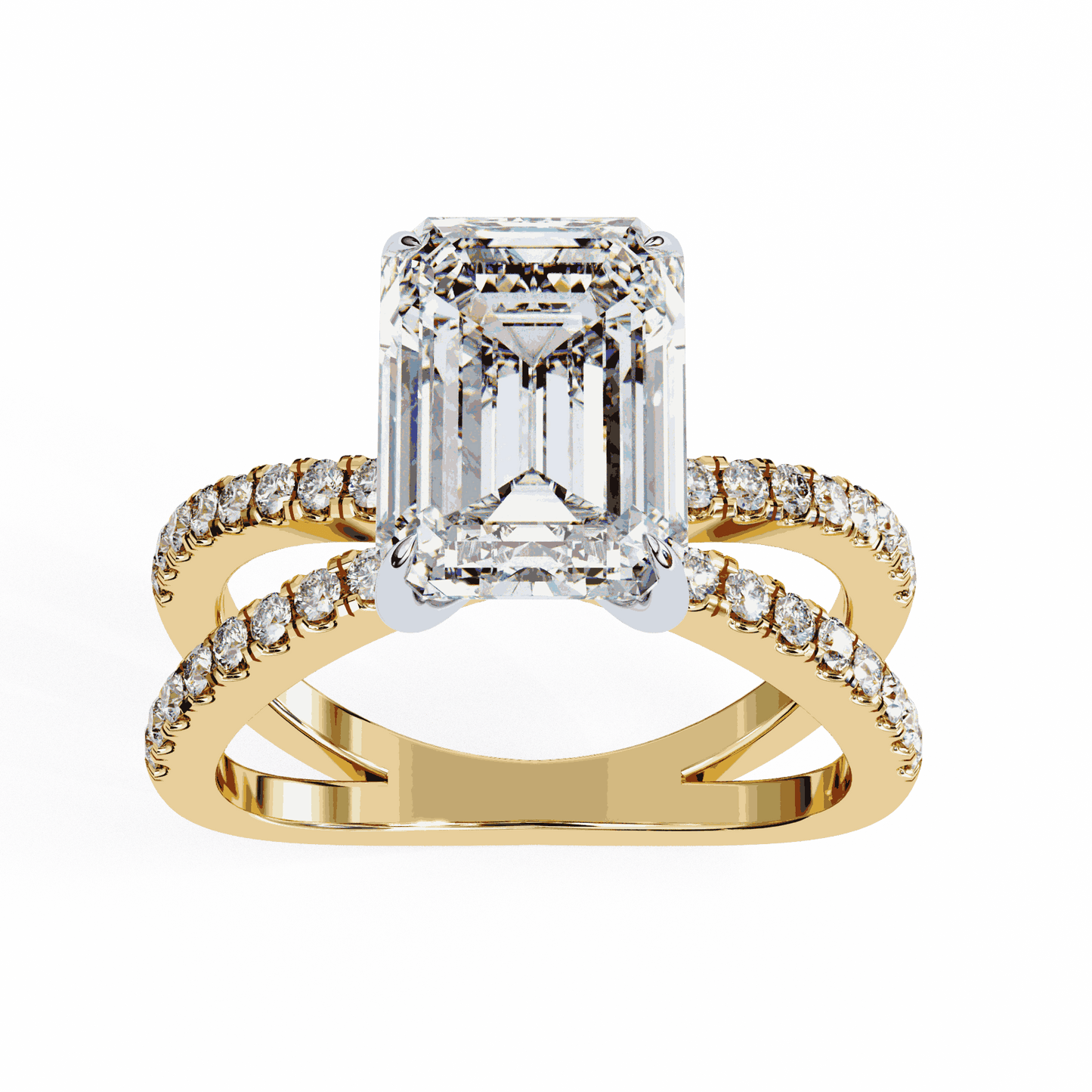 Emerald Cut Lab Grown Diamond Side Stone Engagement Ring with Pavé Crossover Shank