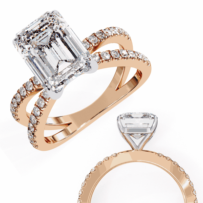 Emerald Cut Lab Grown Diamond Side Stone Engagement Ring with Pavé Crossover Shank