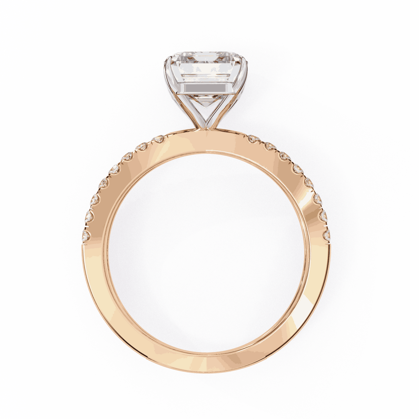 Emerald Cut Lab Grown Diamond Side Stone Engagement Ring with Pavé Crossover Shank
