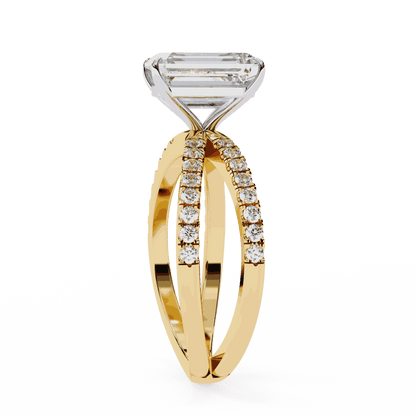 Radiant Cut Lab Grown Diamond Side Stone Engagement Ring with Pavé Crossover Shank