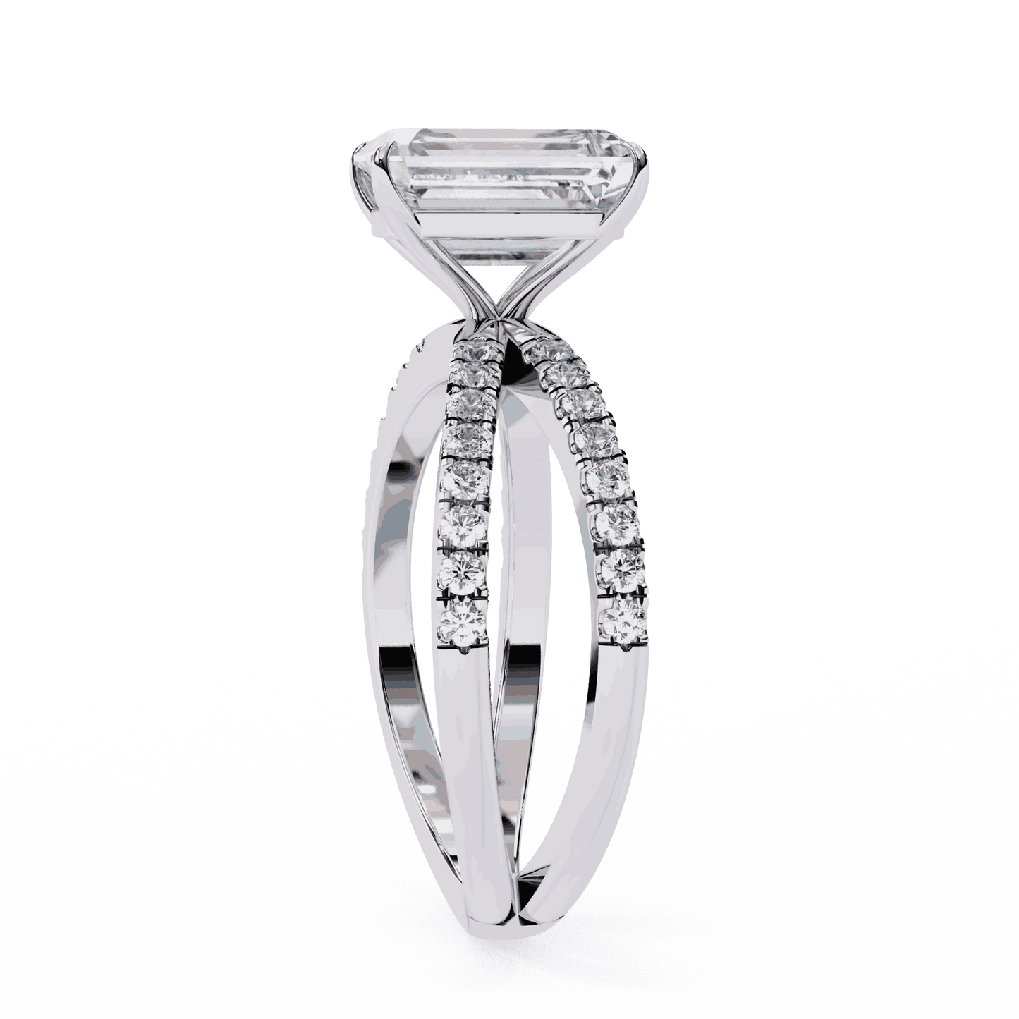 Radiant Cut Lab Grown Diamond Side Stone Engagement Ring with Pavé Crossover Shank