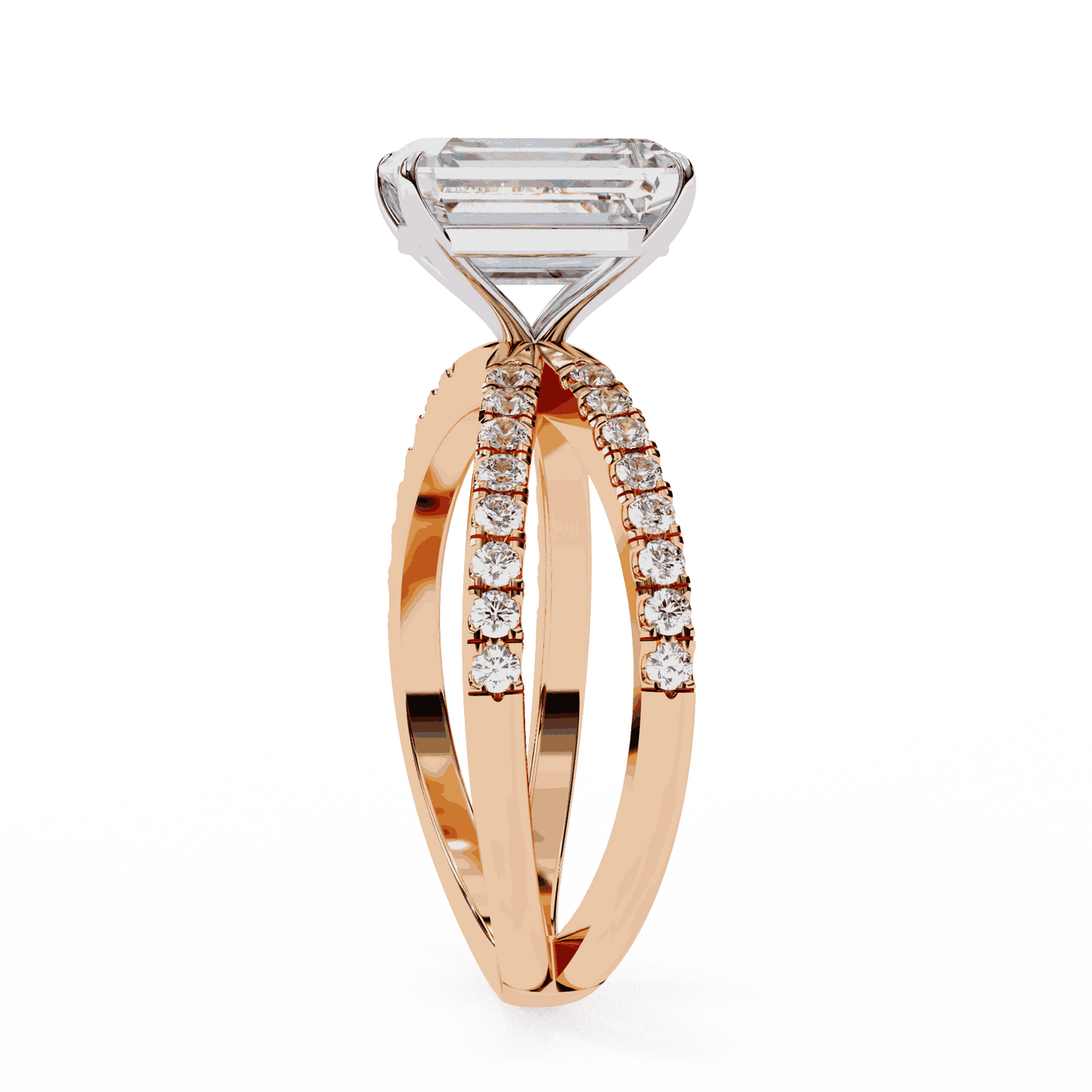 Radiant Cut Lab Grown Diamond Side Stone Engagement Ring with Pavé Crossover Shank