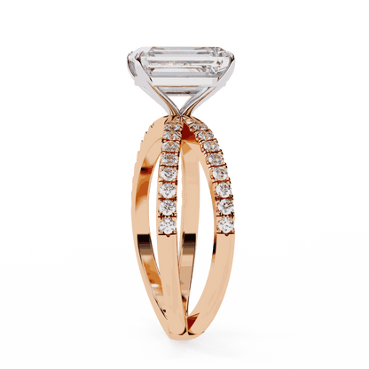 Radiant Cut Lab Grown Diamond Side Stone Engagement Ring with Pavé Crossover Shank