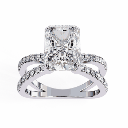 Radiant Cut Lab Grown Diamond Side Stone Engagement Ring with Pavé Crossover Shank