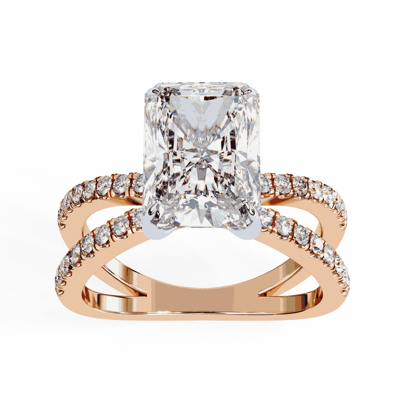 Radiant Cut Lab Grown Diamond Side Stone Engagement Ring with Pavé Crossover Shank