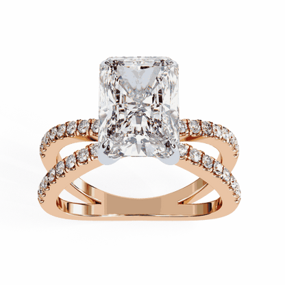Radiant Cut Lab Grown Diamond Side Stone Engagement Ring with Pavé Crossover Shank