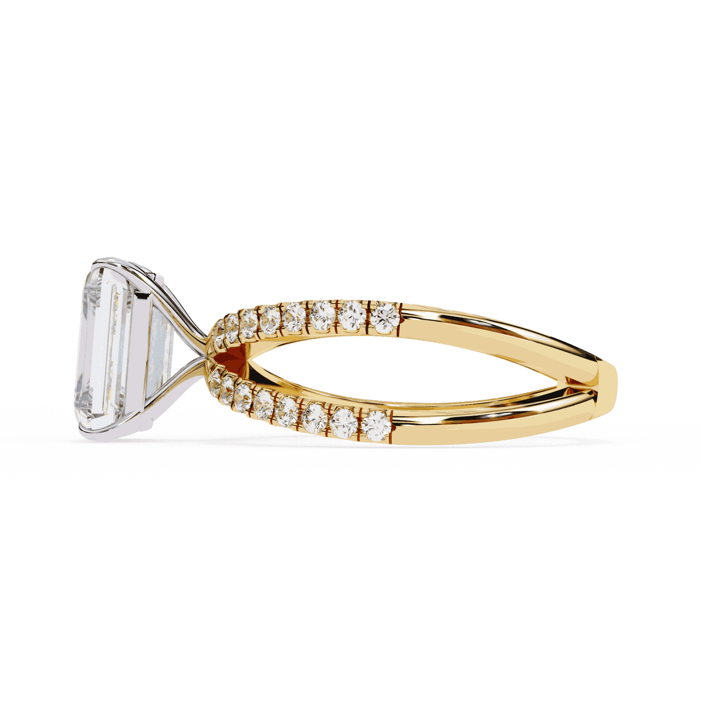 Radiant Cut Lab Grown Diamond Side Stone Engagement Ring with Pavé Crossover Shank