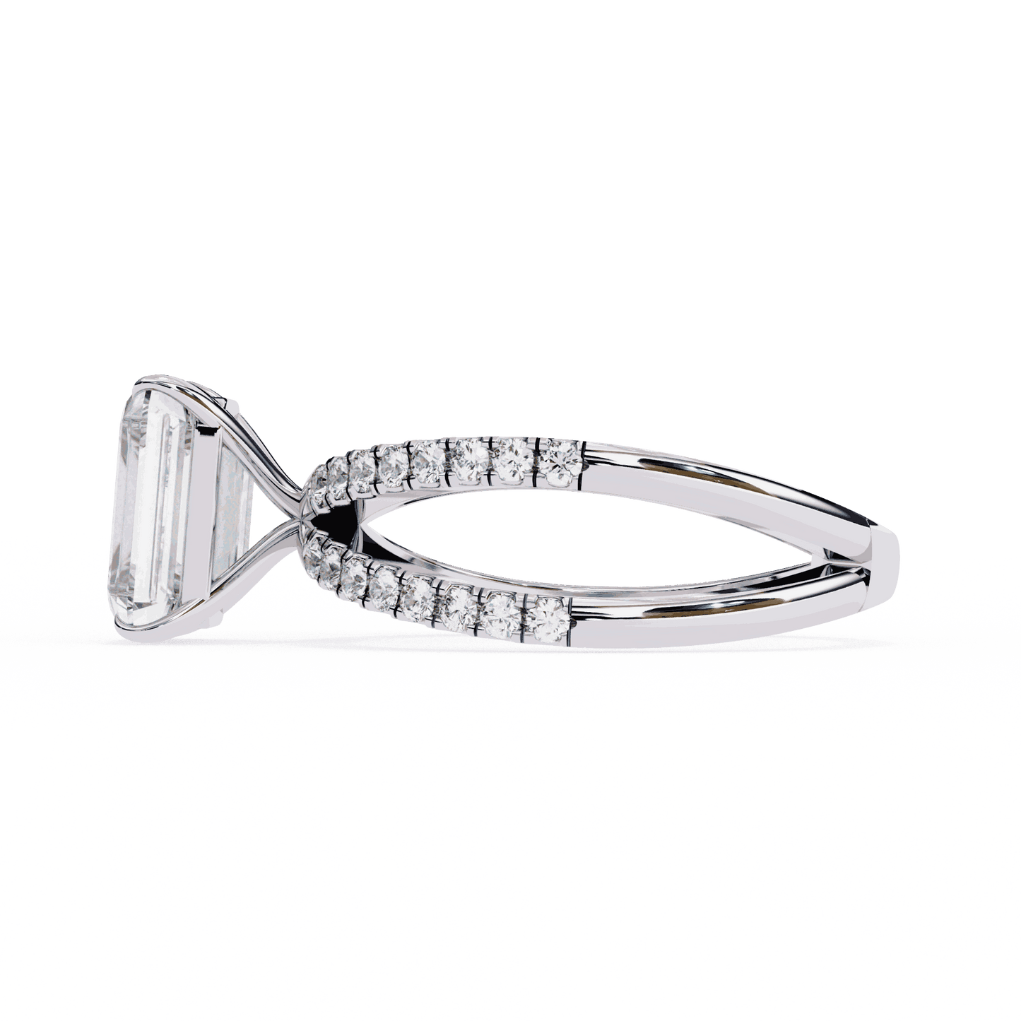 Radiant Cut Lab Grown Diamond Side Stone Engagement Ring with Pavé Crossover Shank