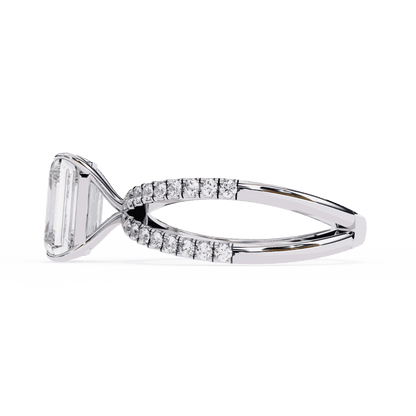 Radiant Cut Lab Grown Diamond Side Stone Engagement Ring with Pavé Crossover Shank