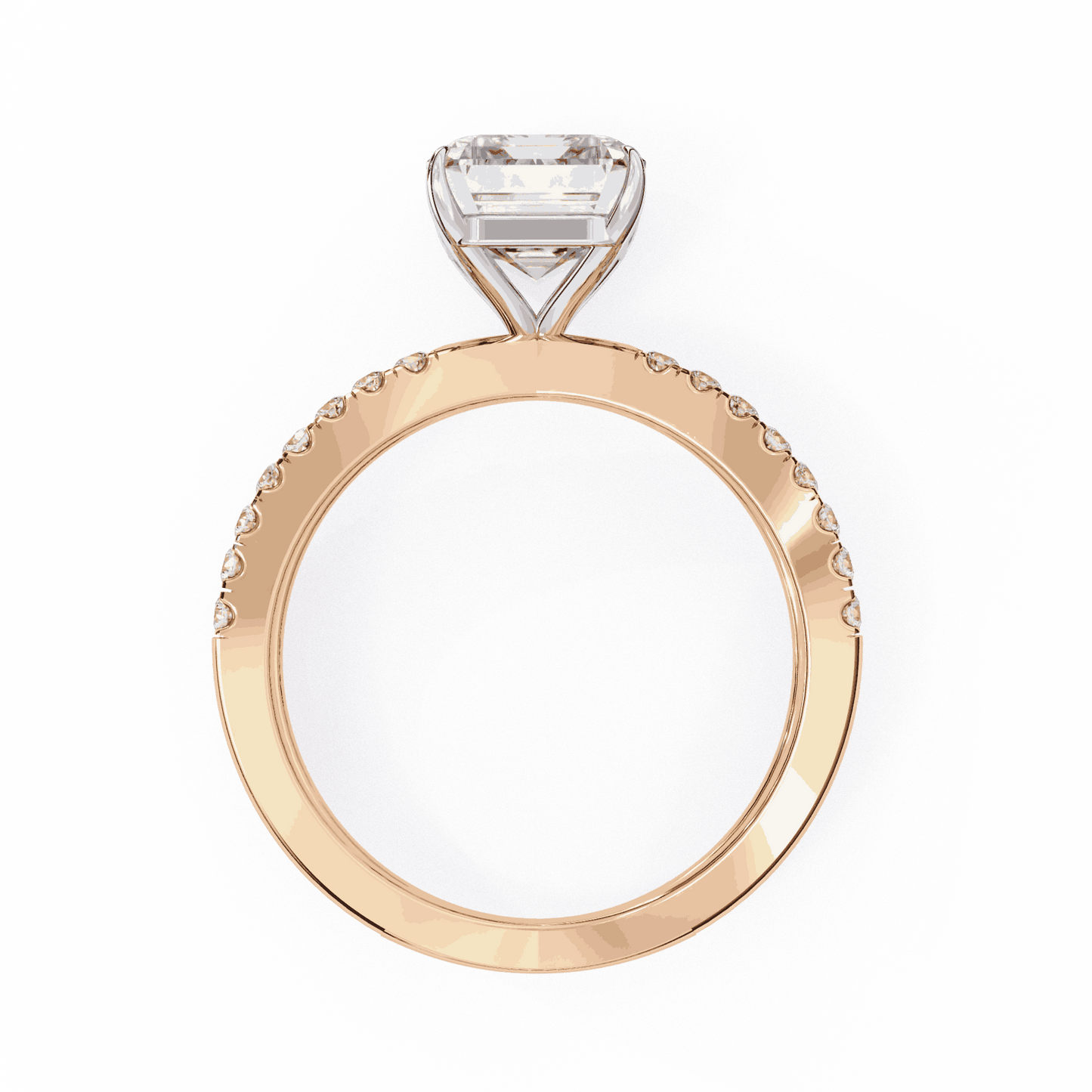 Radiant Cut Lab Grown Diamond Side Stone Engagement Ring with Pavé Crossover Shank