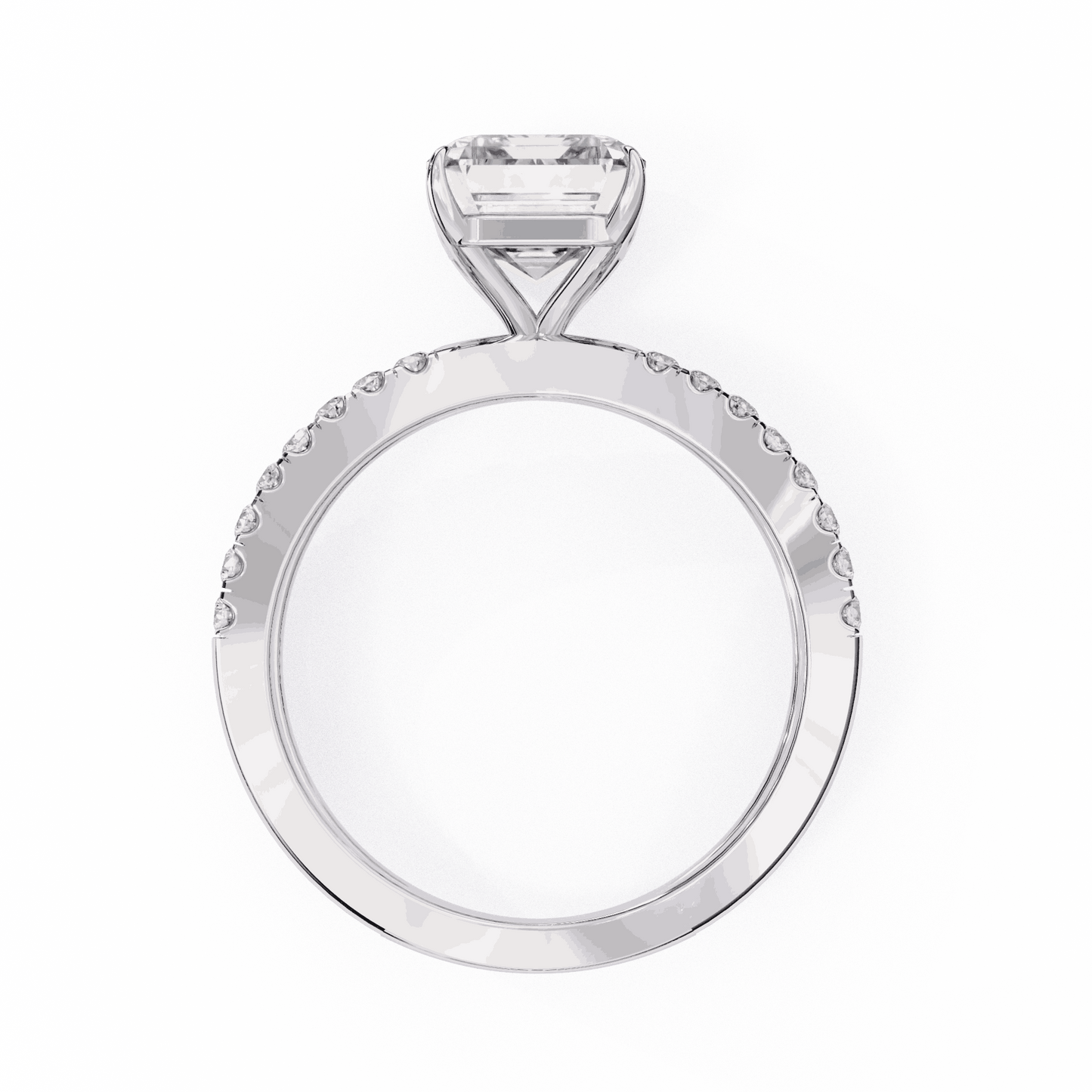 Radiant Cut Lab Grown Diamond Side Stone Engagement Ring with Pavé Crossover Shank