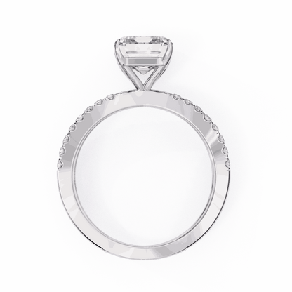 Radiant Cut Lab Grown Diamond Side Stone Engagement Ring with Pavé Crossover Shank