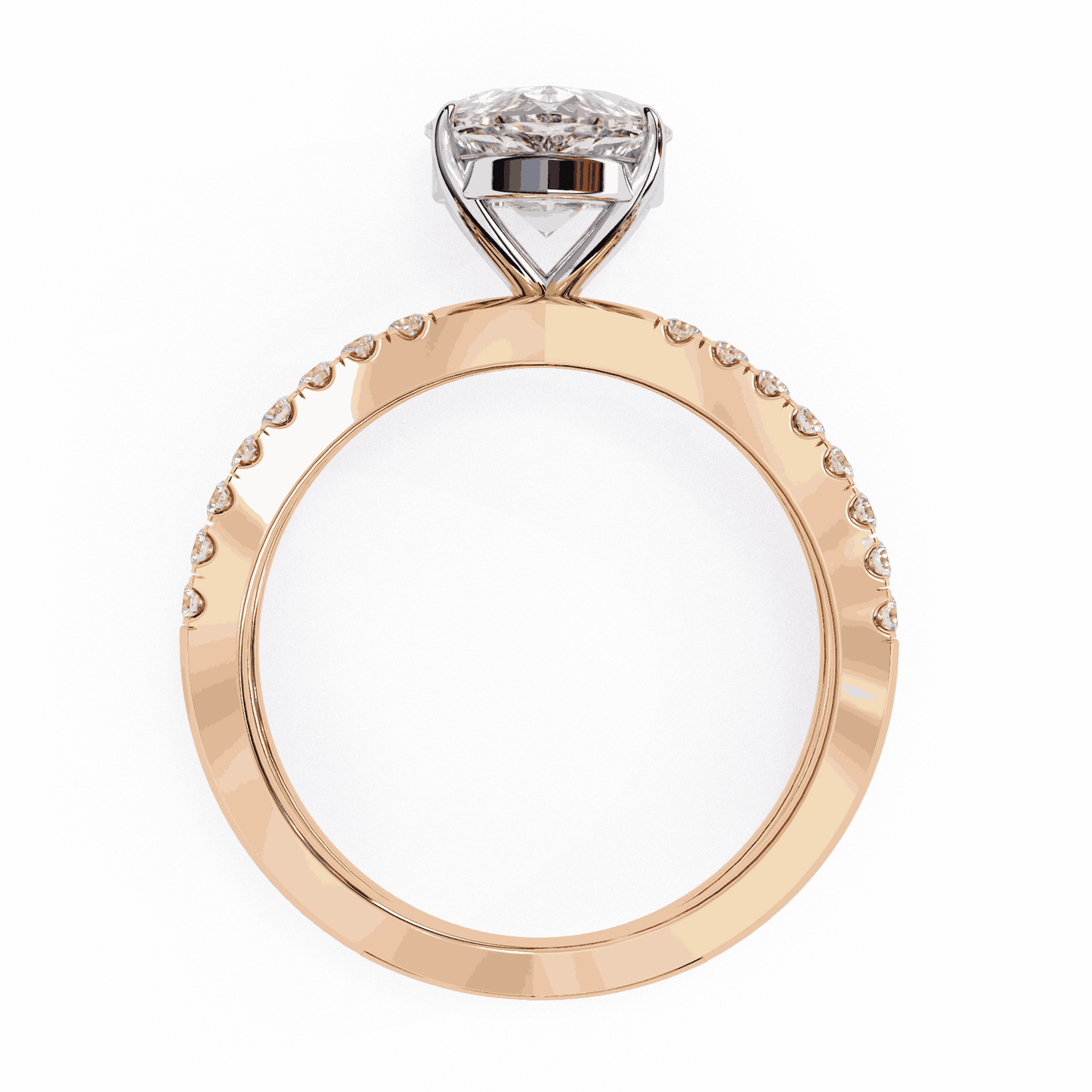 Pear Cut Lab Grown Diamond Side Stone Engagement Ring with Pavé Crossover Shank