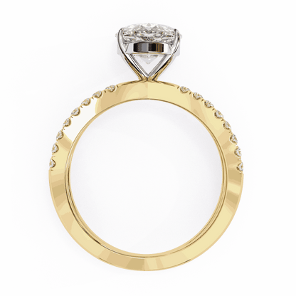 Pear Cut Lab Grown Diamond Side Stone Engagement Ring with Pavé Crossover Shank