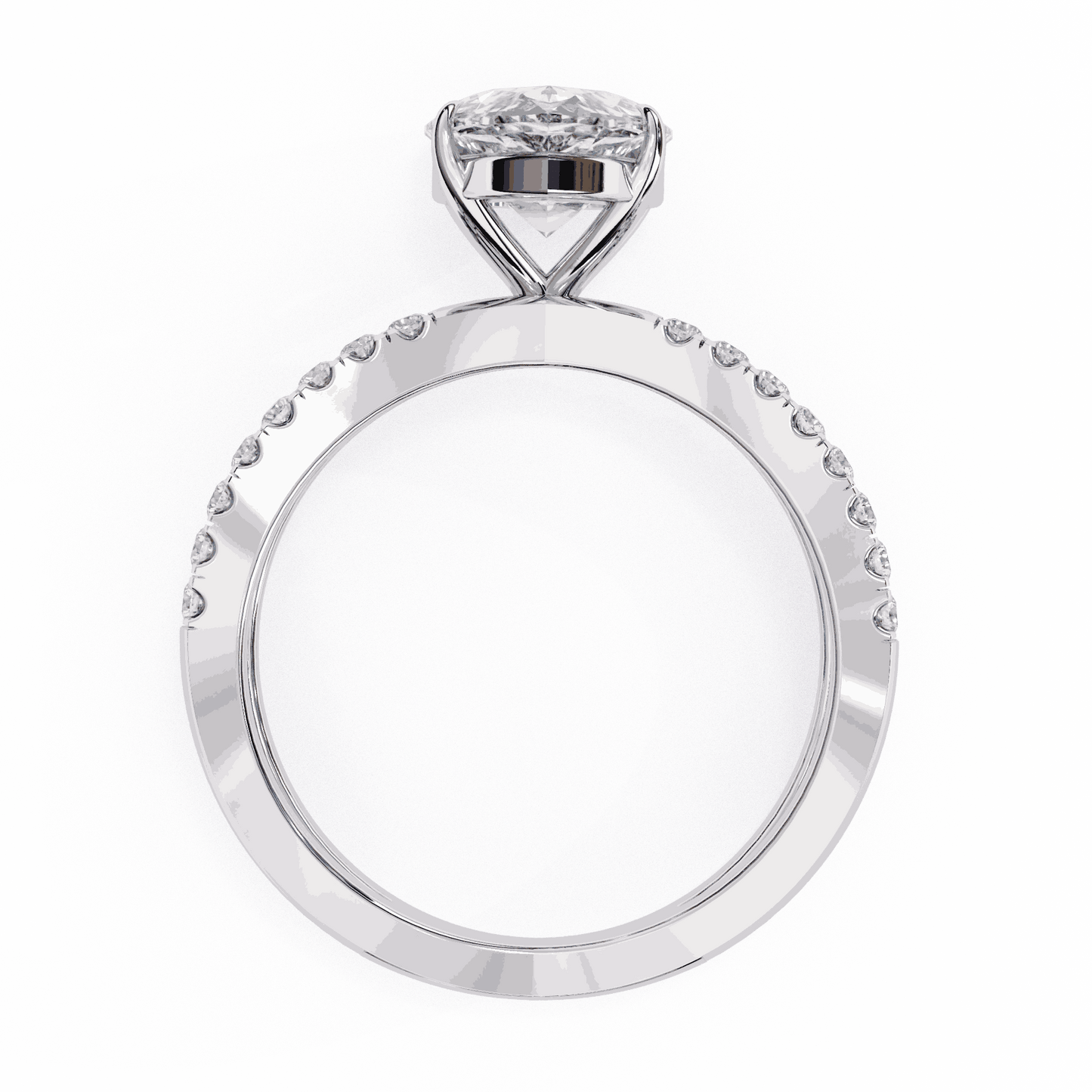Pear Cut Lab Grown Diamond Side Stone Engagement Ring with Pavé Crossover Shank