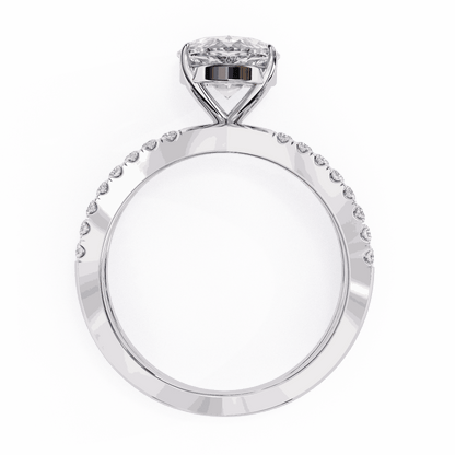 Pear Cut Lab Grown Diamond Side Stone Engagement Ring with Pavé Crossover Shank