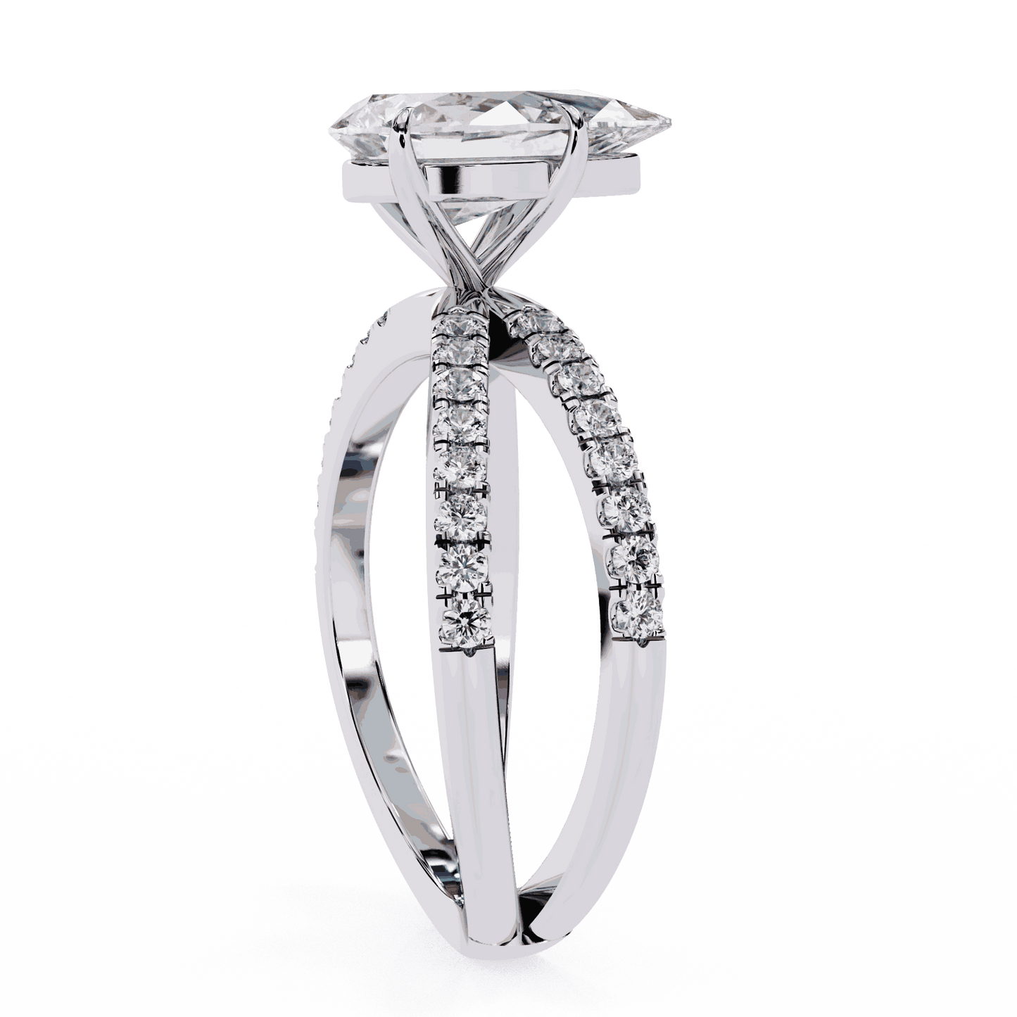 Pear Cut Lab Grown Diamond Side Stone Engagement Ring with Pavé Crossover Shank