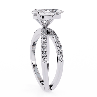 Pear Cut Lab Grown Diamond Side Stone Engagement Ring with Pavé Crossover Shank