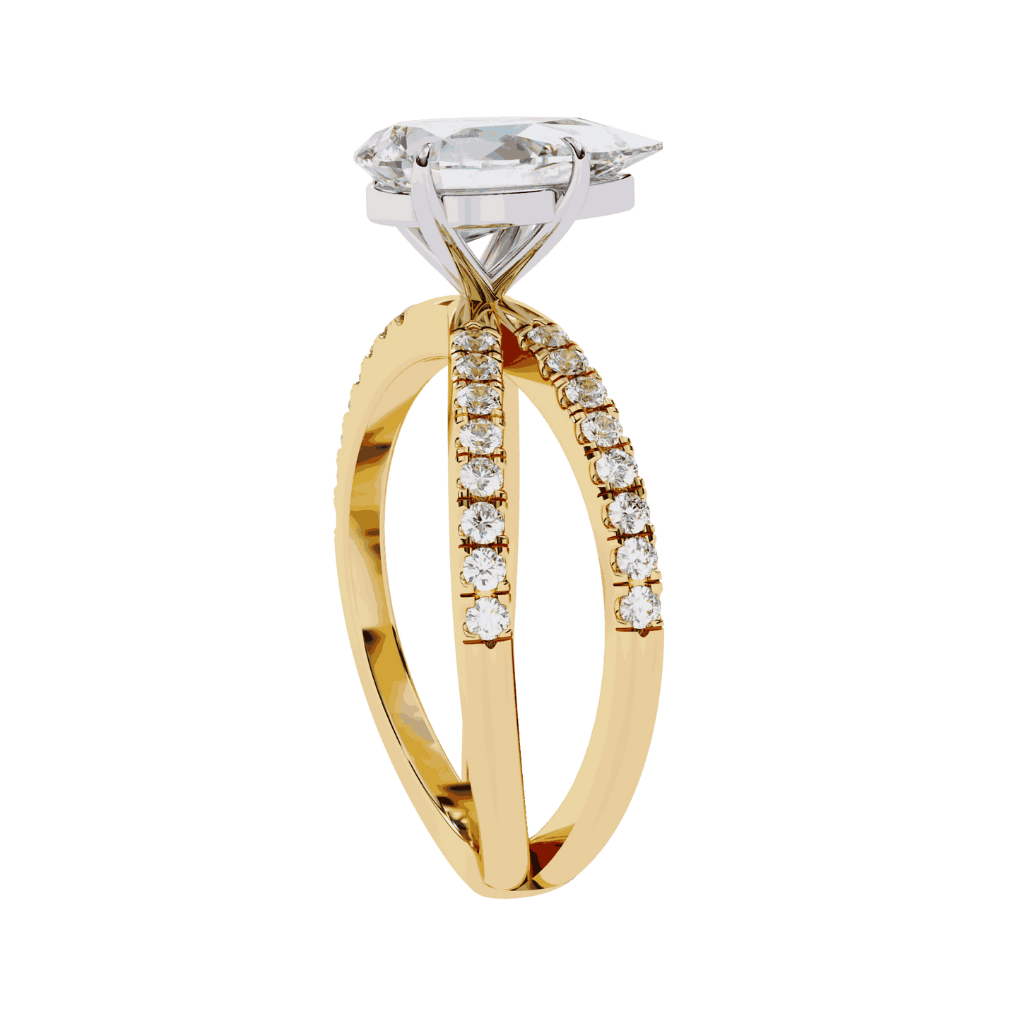 Pear Cut Lab Grown Diamond Side Stone Engagement Ring with Pavé Crossover Shank