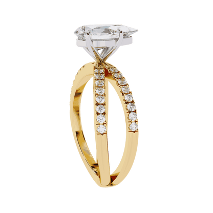 Pear Cut Lab Grown Diamond Side Stone Engagement Ring with Pavé Crossover Shank