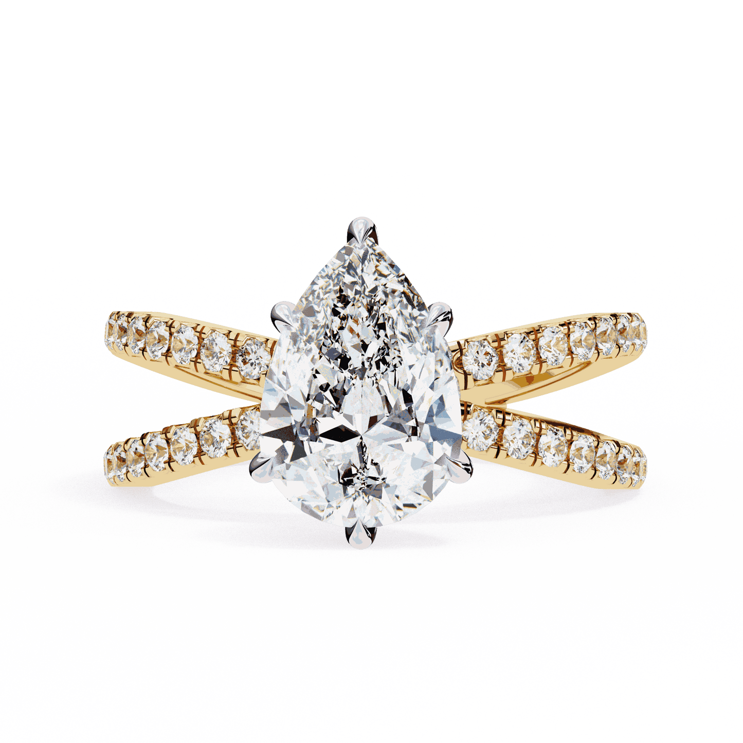 Pear Cut Lab Grown Diamond Side Stone Engagement Ring with Pavé Crossover Shank