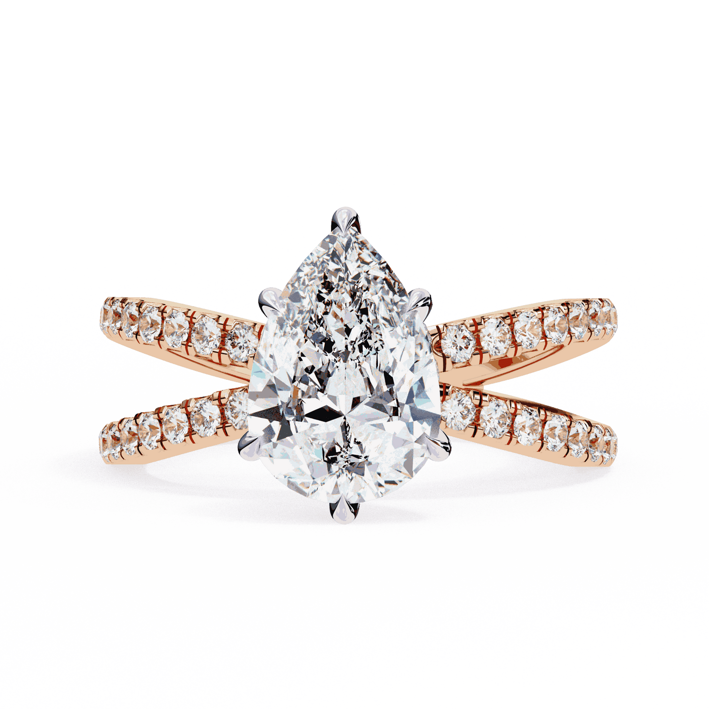 Pear Cut Lab Grown Diamond Side Stone Engagement Ring with Pavé Crossover Shank