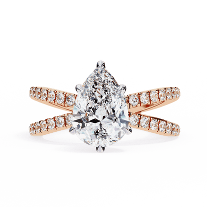 Pear Cut Lab Grown Diamond Side Stone Engagement Ring with Pavé Crossover Shank