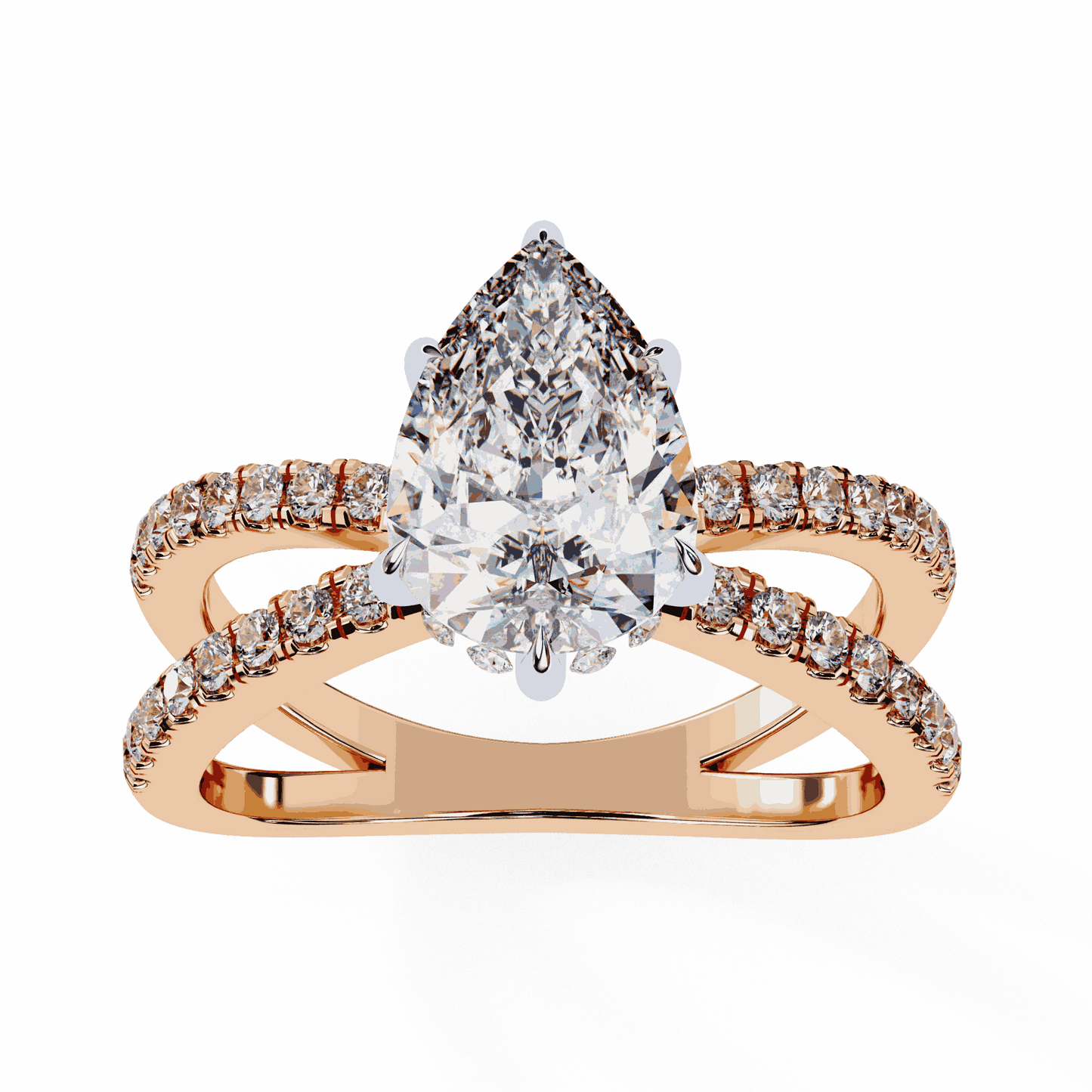 Pear Cut Lab Grown Diamond Side Stone Engagement Ring with Pavé Crossover Shank