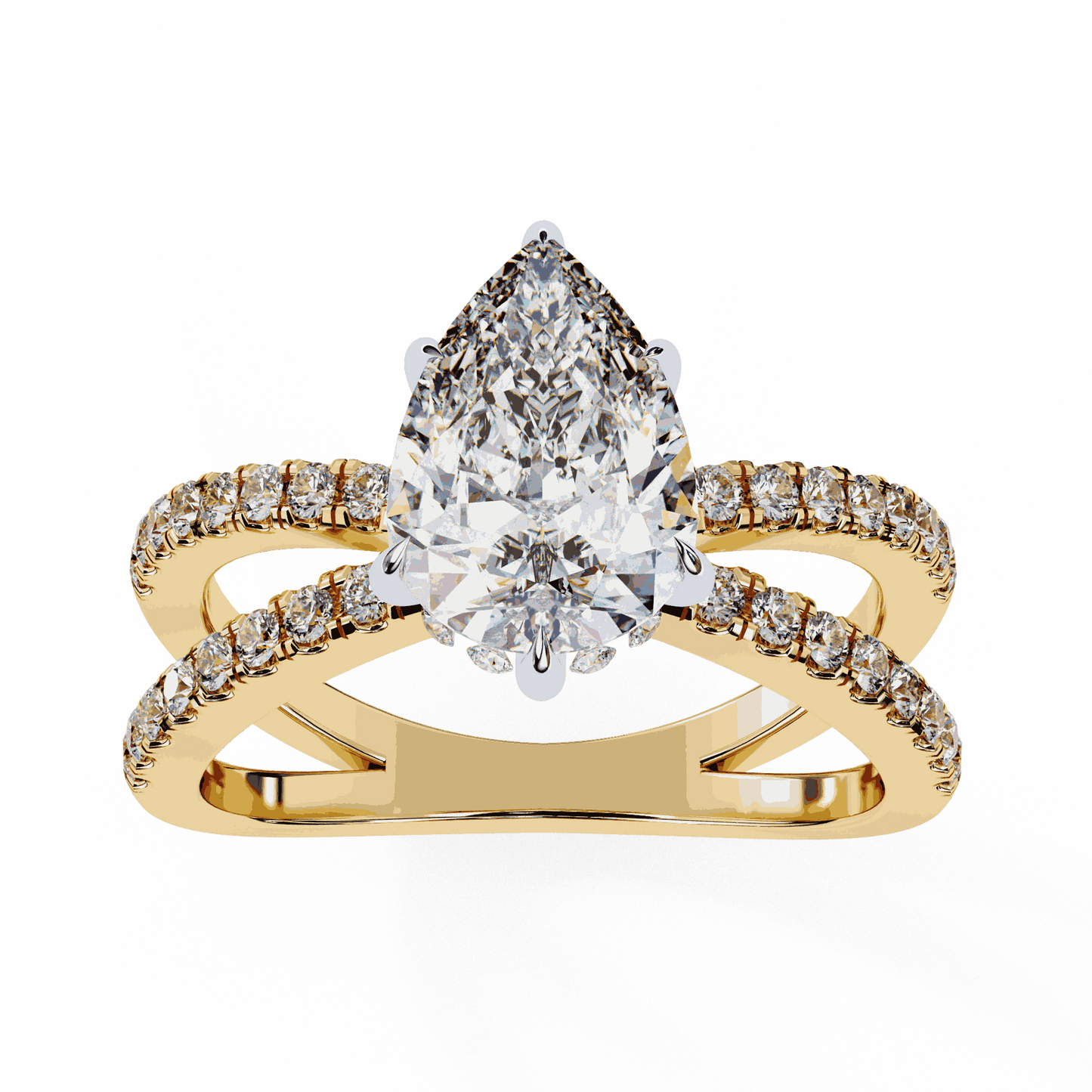 Pear Cut Lab Grown Diamond Side Stone Engagement Ring with Pavé Crossover Shank