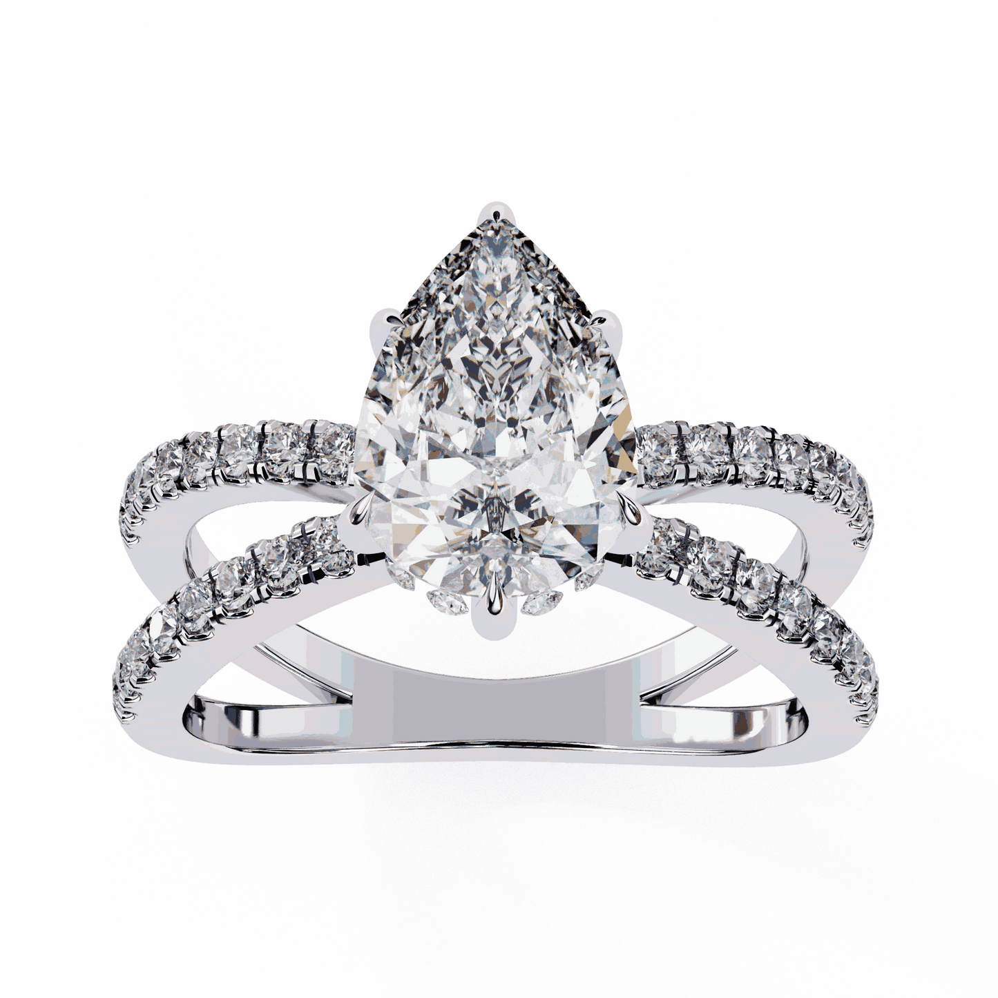 Pear Cut Lab Grown Diamond Side Stone Engagement Ring with Pavé Crossover Shank