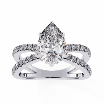 Pear Cut Lab Grown Diamond Side Stone Engagement Ring with Pavé Crossover Shank