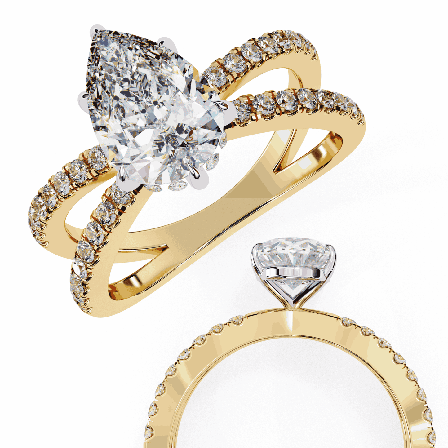Pear Cut Lab Grown Diamond Side Stone Engagement Ring with Pavé Crossover Shank