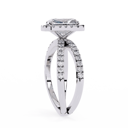 Radiant Cut Lab Grown Diamond Halo Engagement Ring with Pavé Crossover Shank
