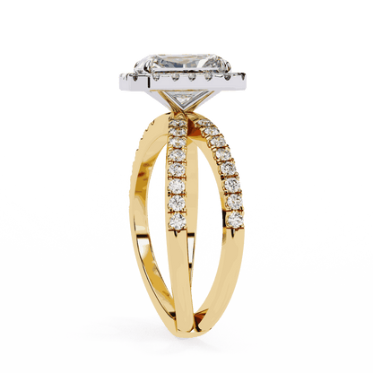 Radiant Cut Lab Grown Diamond Halo Engagement Ring with Pavé Crossover Shank