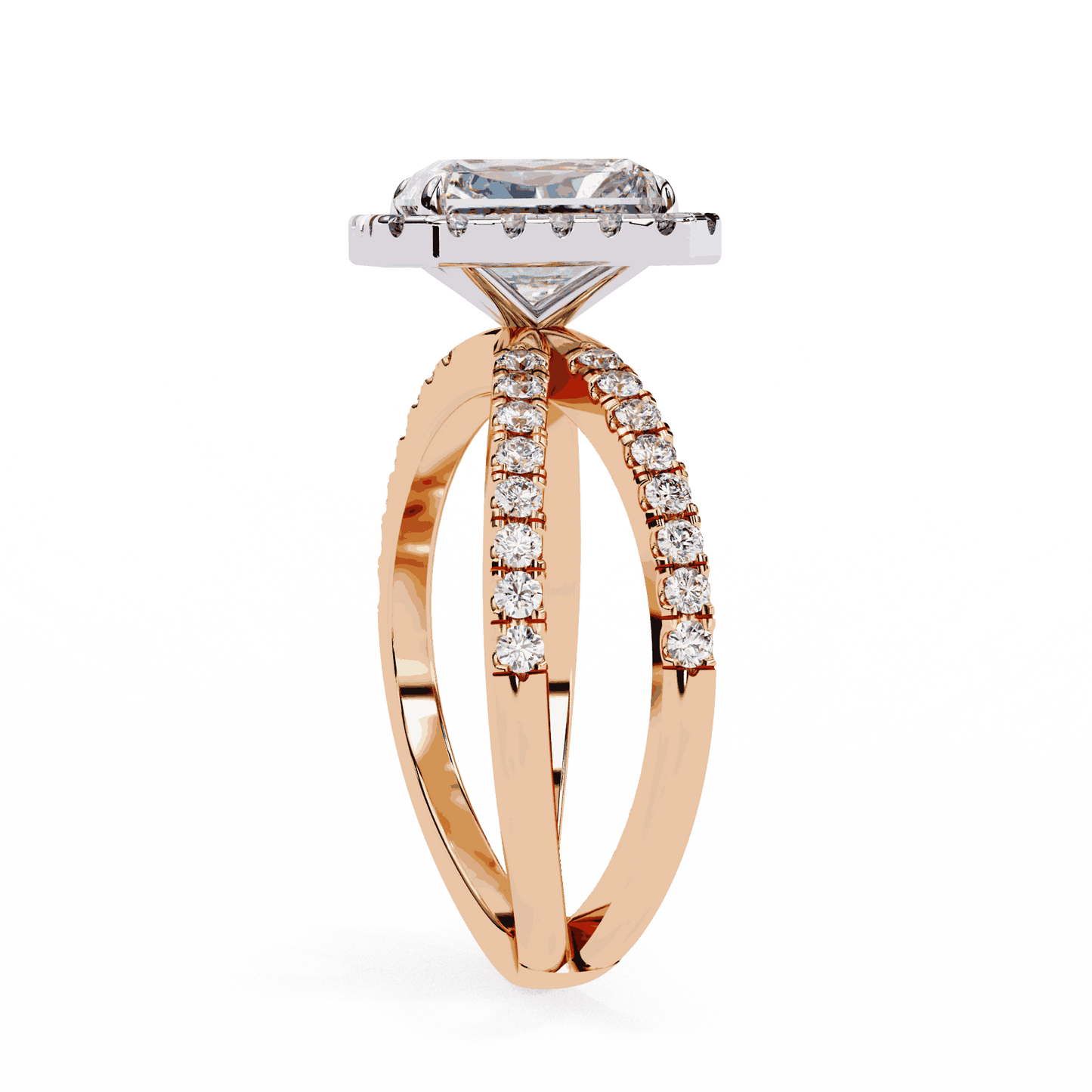 Radiant Cut Lab Grown Diamond Halo Engagement Ring with Pavé Crossover Shank