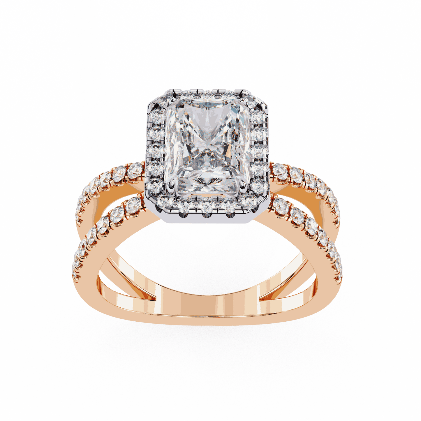 Radiant Cut Lab Grown Diamond Halo Engagement Ring with Pavé Crossover Shank