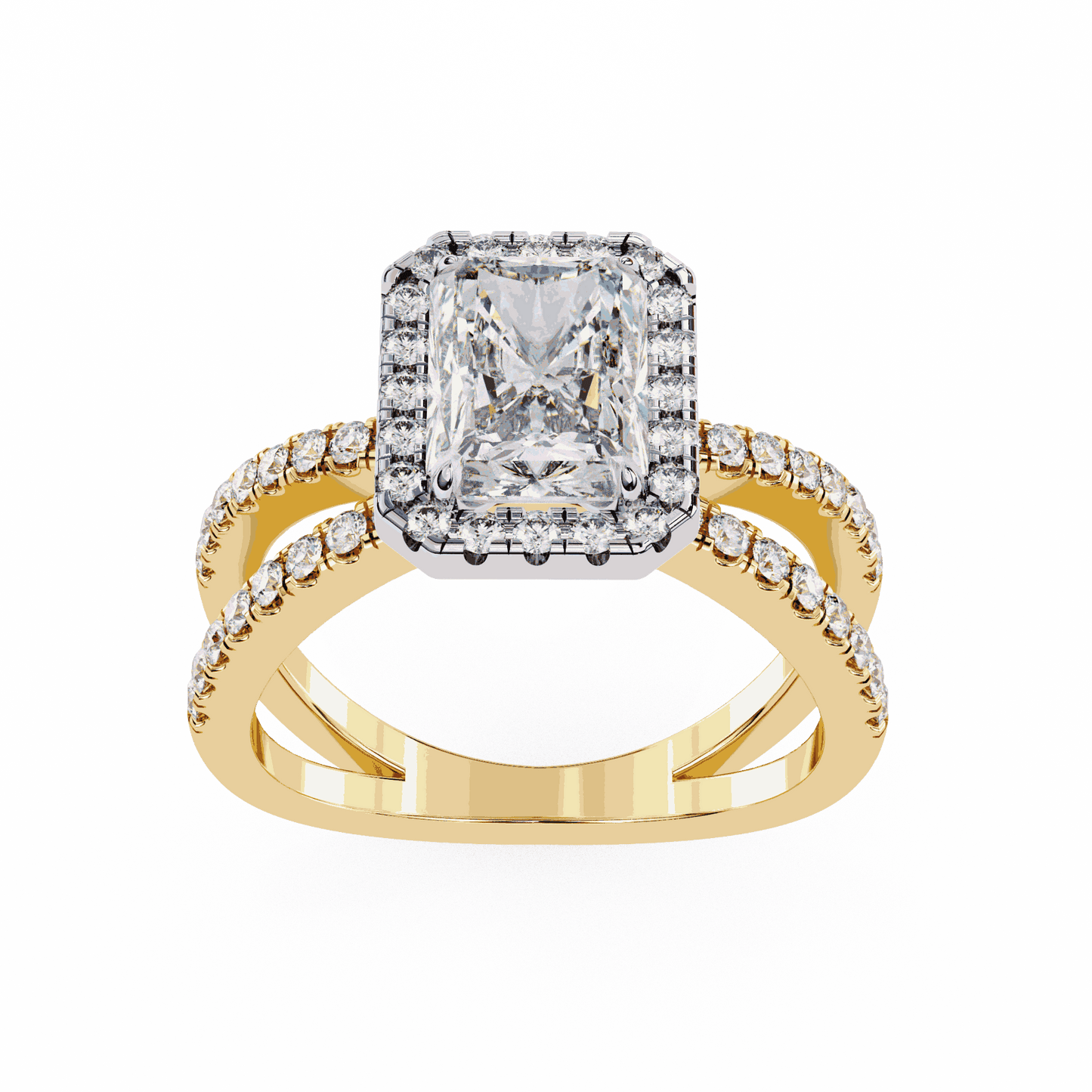 Radiant Cut Lab Grown Diamond Halo Engagement Ring with Pavé Crossover Shank