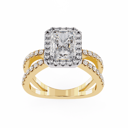 Radiant Cut Lab Grown Diamond Halo Engagement Ring with Pavé Crossover Shank
