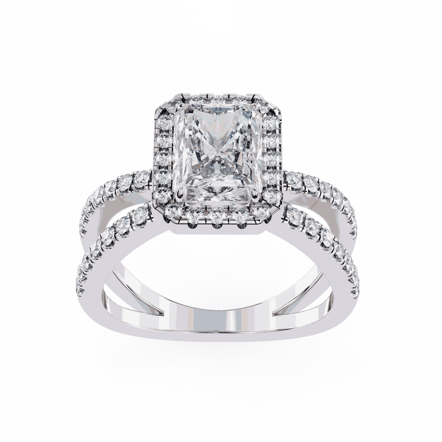 Radiant Cut Lab Grown Diamond Halo Engagement Ring with Pavé Crossover Shank
