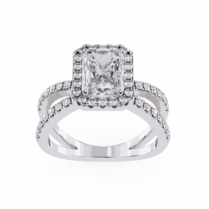 Radiant Cut Lab Grown Diamond Halo Engagement Ring with Pavé Crossover Shank