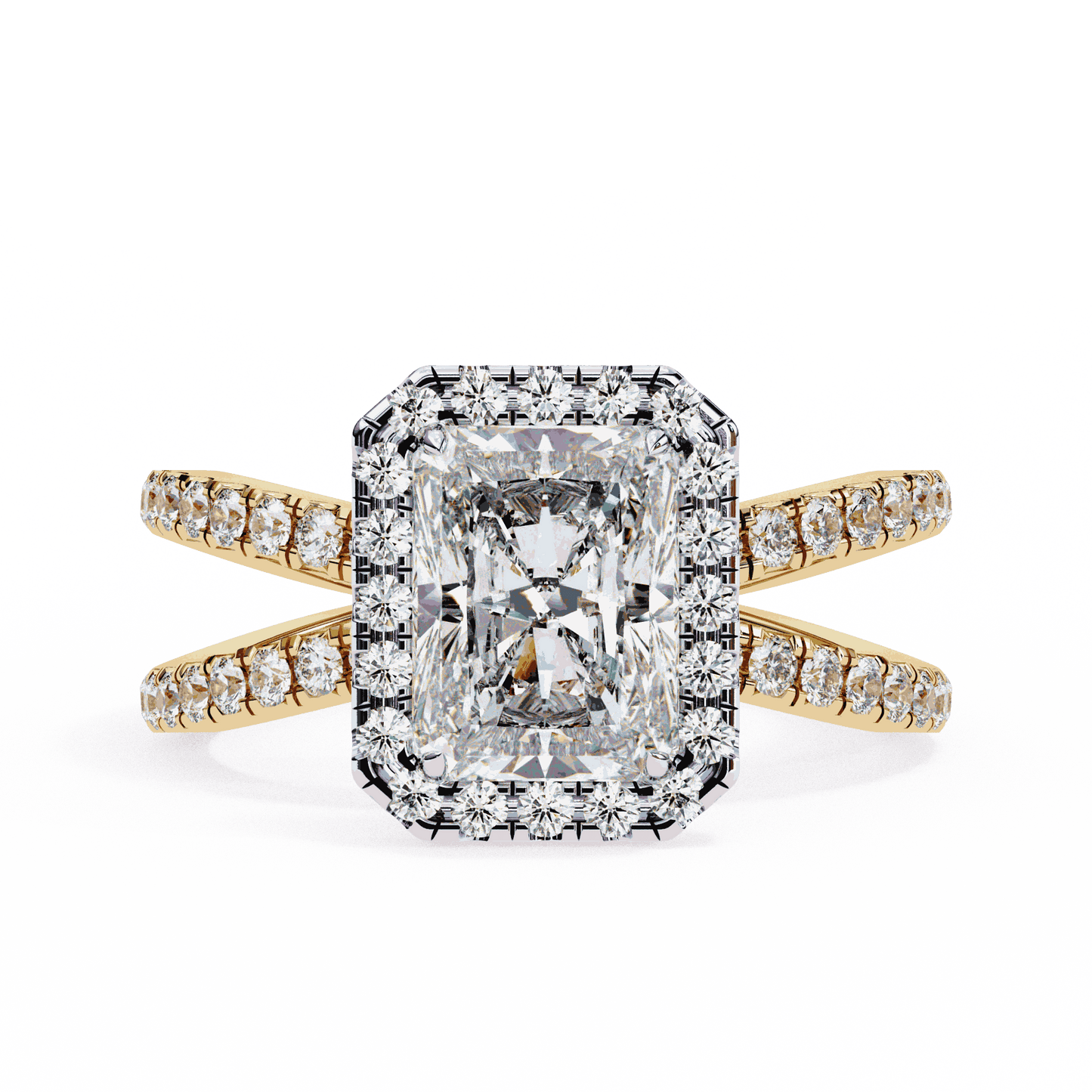 Radiant Cut Lab Grown Diamond Halo Engagement Ring with Pavé Crossover Shank