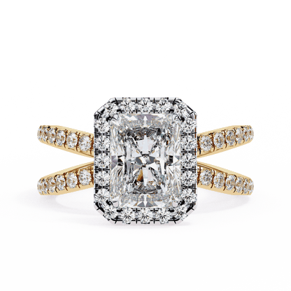 Radiant Cut Lab Grown Diamond Halo Engagement Ring with Pavé Crossover Shank