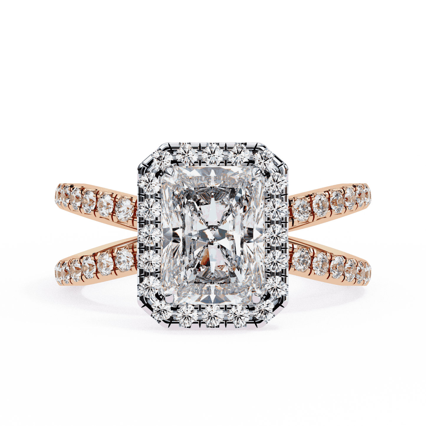 Radiant Cut Lab Grown Diamond Halo Engagement Ring with Pavé Crossover Shank