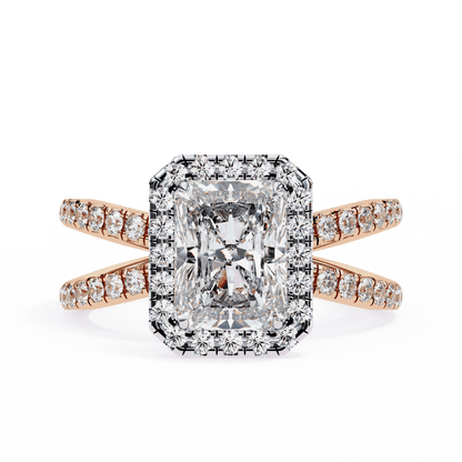 Radiant Cut Lab Grown Diamond Halo Engagement Ring with Pavé Crossover Shank