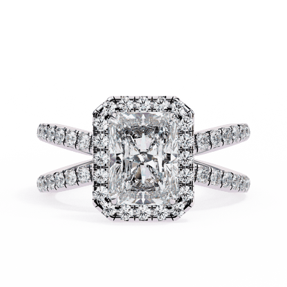 Radiant Cut Lab Grown Diamond Halo Engagement Ring with Pavé Crossover Shank
