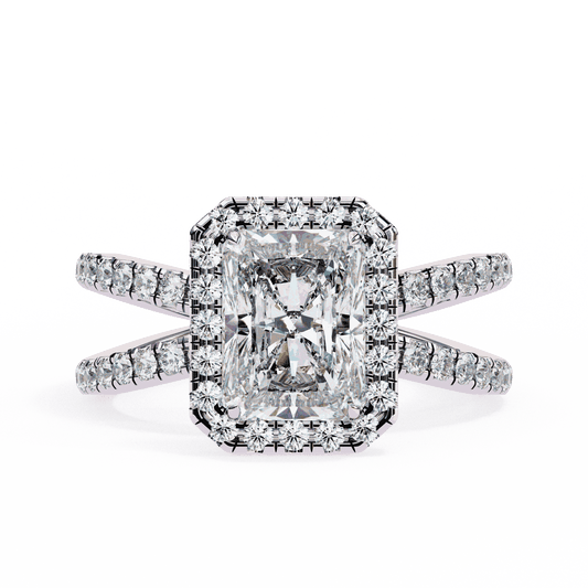 Radiant Cut Lab Grown Diamond Halo Engagement Ring with Pavé Crossover Shank