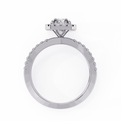 Radiant Cut Lab Grown Diamond Halo Engagement Ring with Pavé Crossover Shank