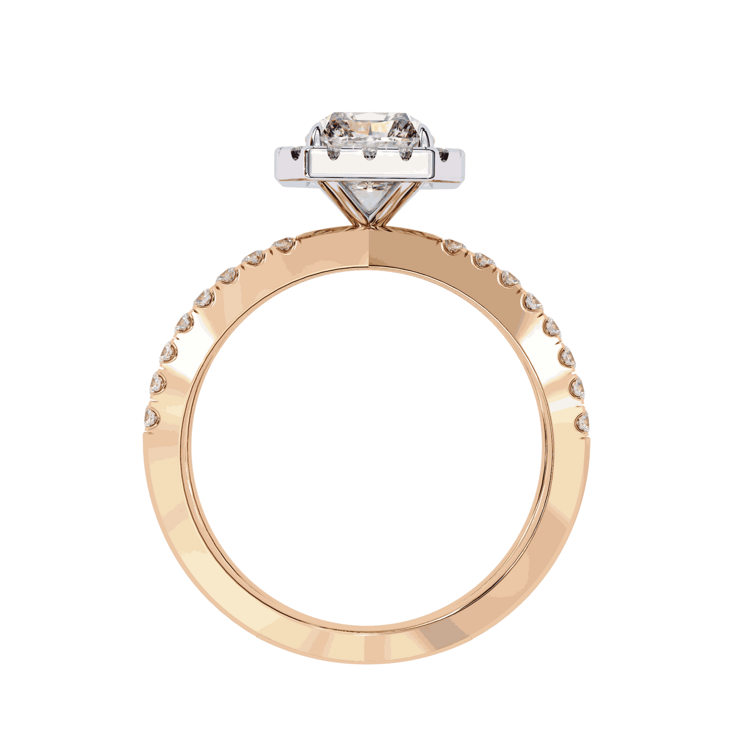 Radiant Cut Lab Grown Diamond Halo Engagement Ring with Pavé Crossover Shank